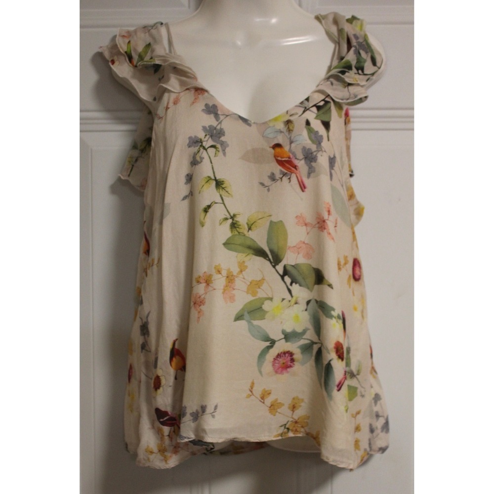 Lisa & Lucy Floral Bird Print Ruffle V-Neck Camisole Tank Top Cream Size M - Picture 2 of 11